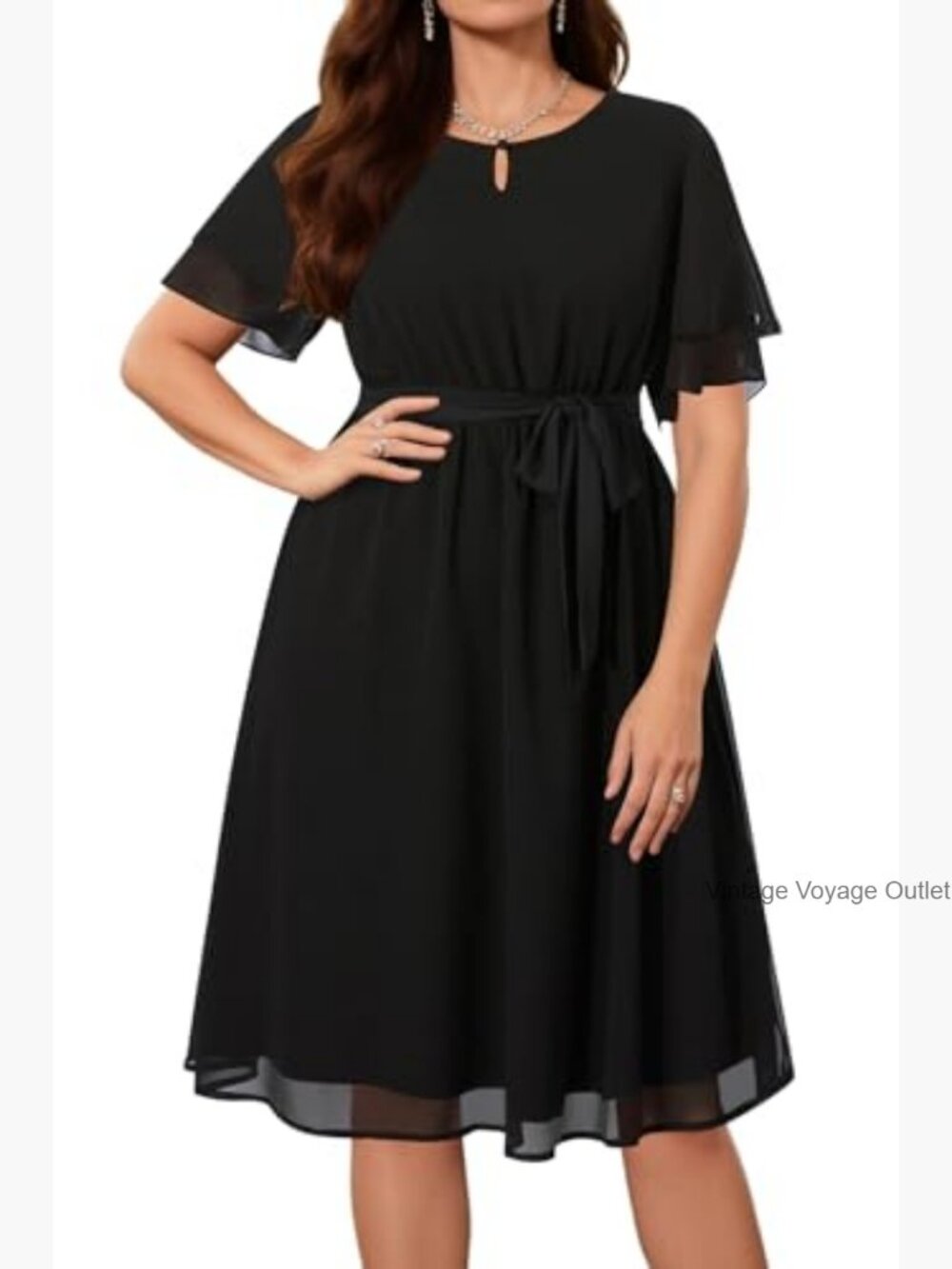 Plus Size Chiffon Cocktail Dresses - Keyhole Neck Midi Work Occasion - Picture 6 of 7